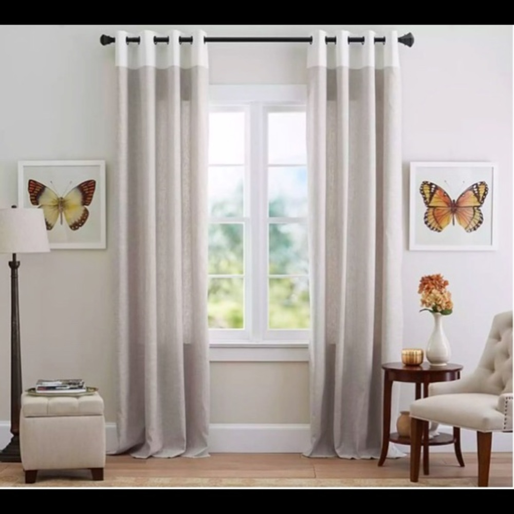 Pottery Barn Emery Border Linen Curtains, 50x84”